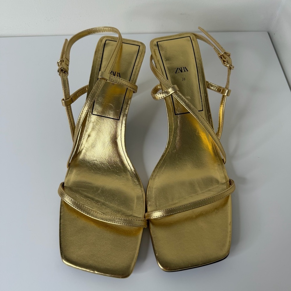 Zara Gold Metallic Strappy Heeled Sandals - Square Toe - Size 38